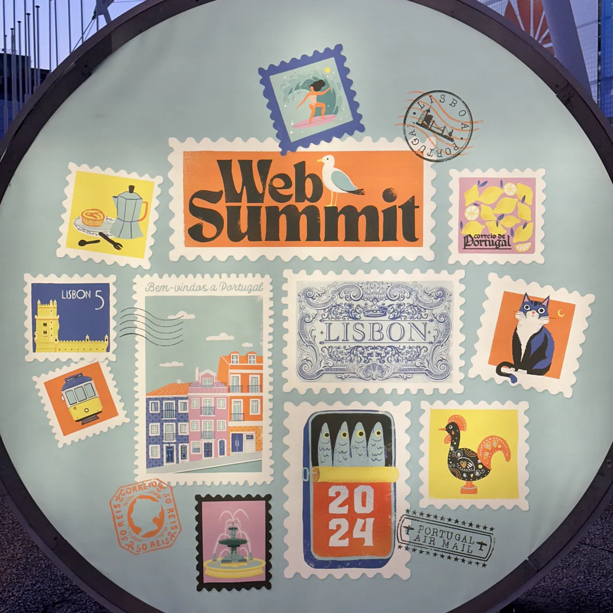 Decorative Web Summit Lisbon 2024 stamp collage art installation
